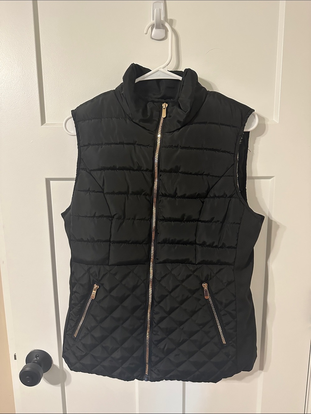 Ciso Black Quilted Puffer Vest with Gold Zipper Accents